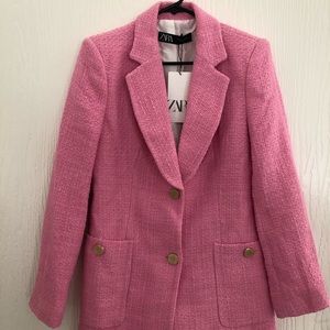 Zara textured pink blazer with gold buttons